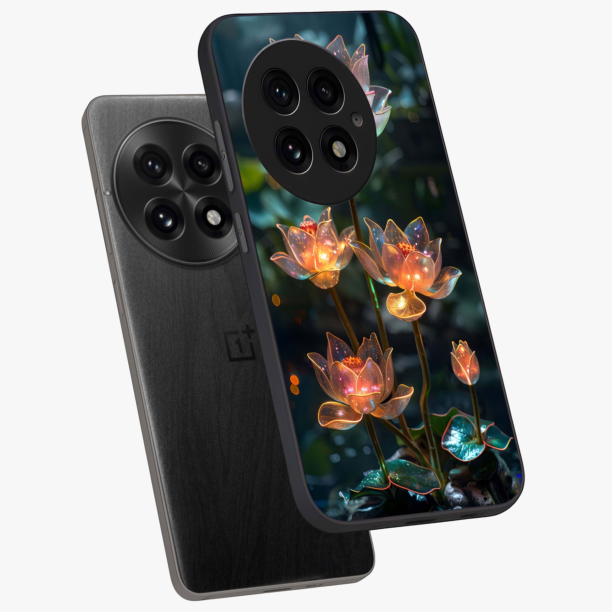 Celestial Lotus Light Glass Case for 1+13 angled mockup showcasing glossy finish and radiant celestial tones