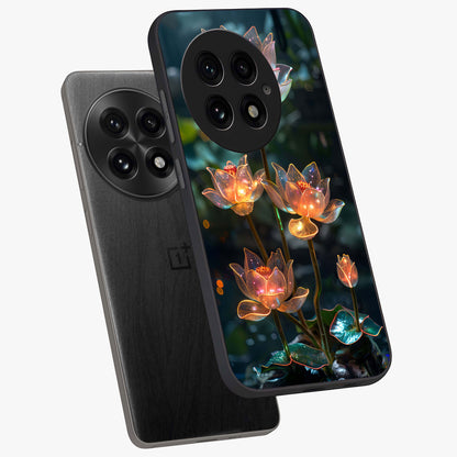 Celestial Lotus Light Glass Case for 1+13 angled mockup showcasing glossy finish and radiant celestial tones