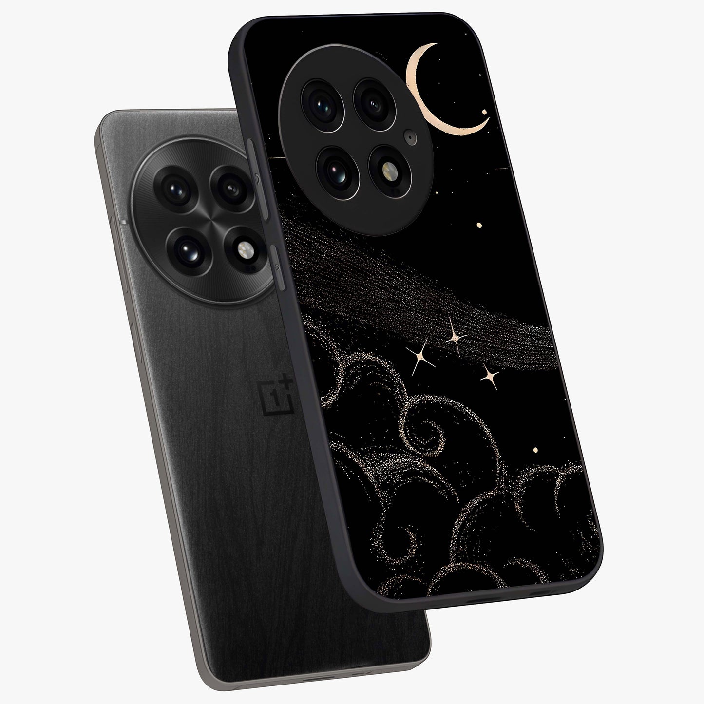 Celestial Midnight Veil Glass Case for 1+13 angled mockup showcasing glossy finish and dark celestial gradients