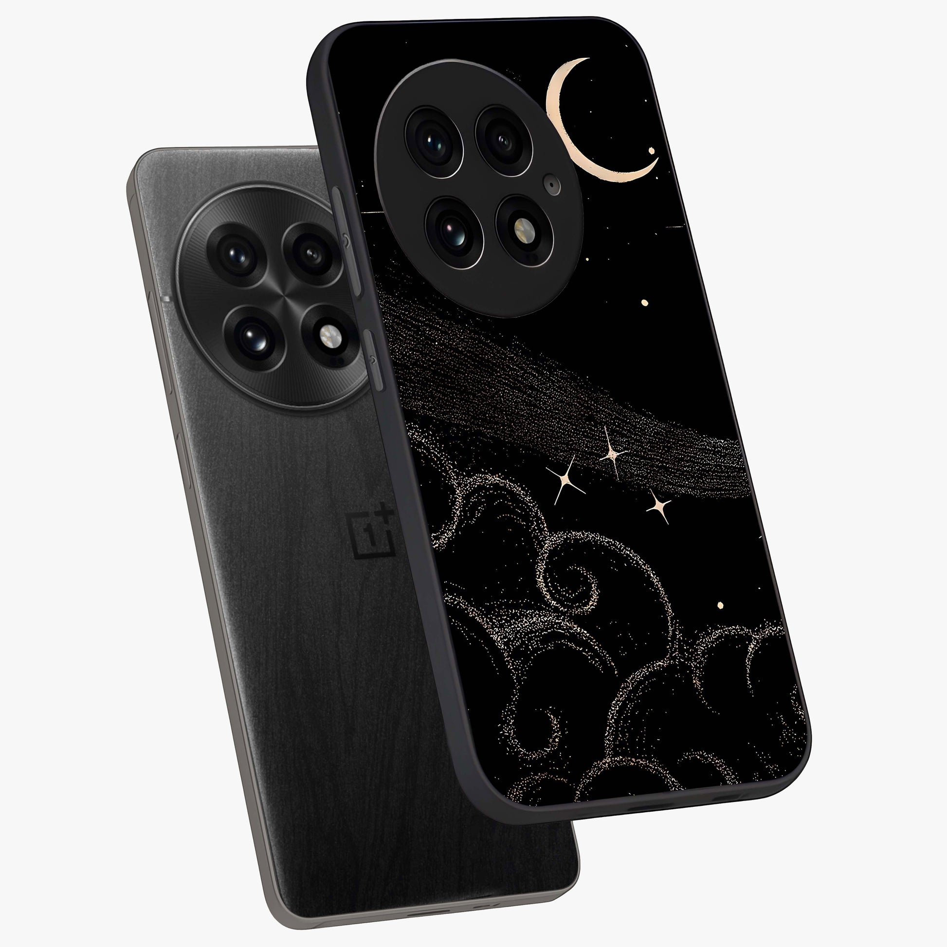 Celestial Midnight Veil Glass Case for 1+13 angled mockup showcasing glossy finish and dark celestial gradients