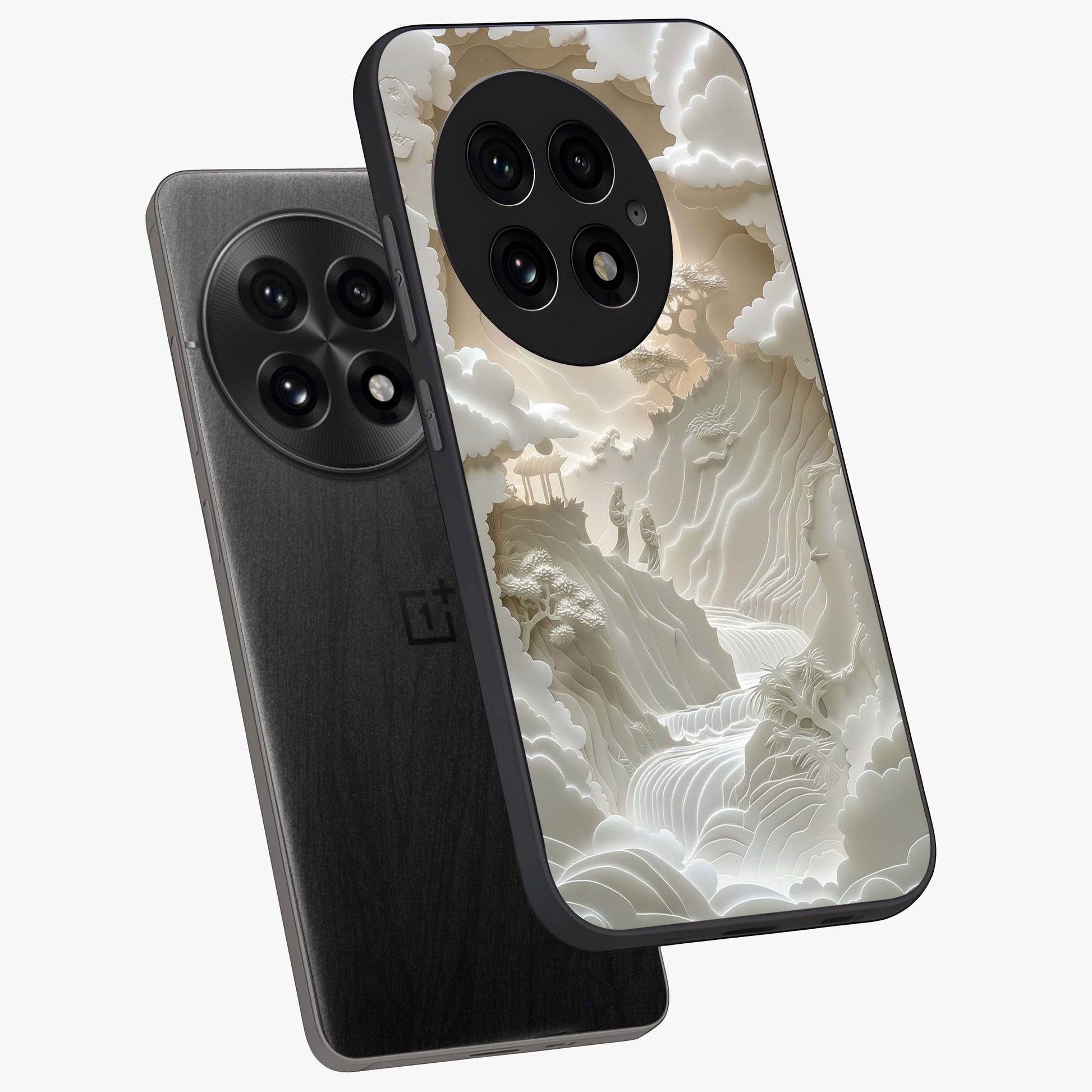 Celestial Origami Glass Case for 1+13 angled mockup showcasing glossy finish and geometric celestial design