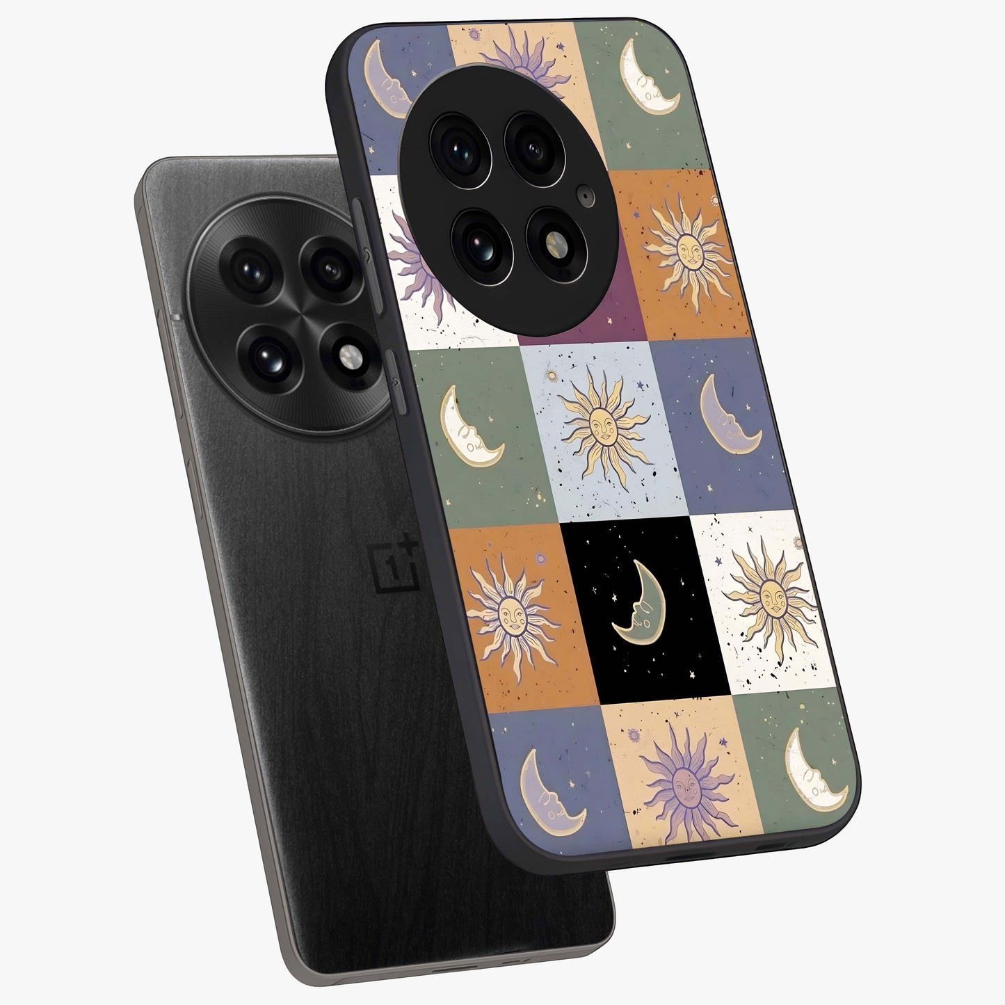 Celestial Patchwork Dreams Glass Case for 1+13 angled mockup showcasing glossy finish and layered celestial textures