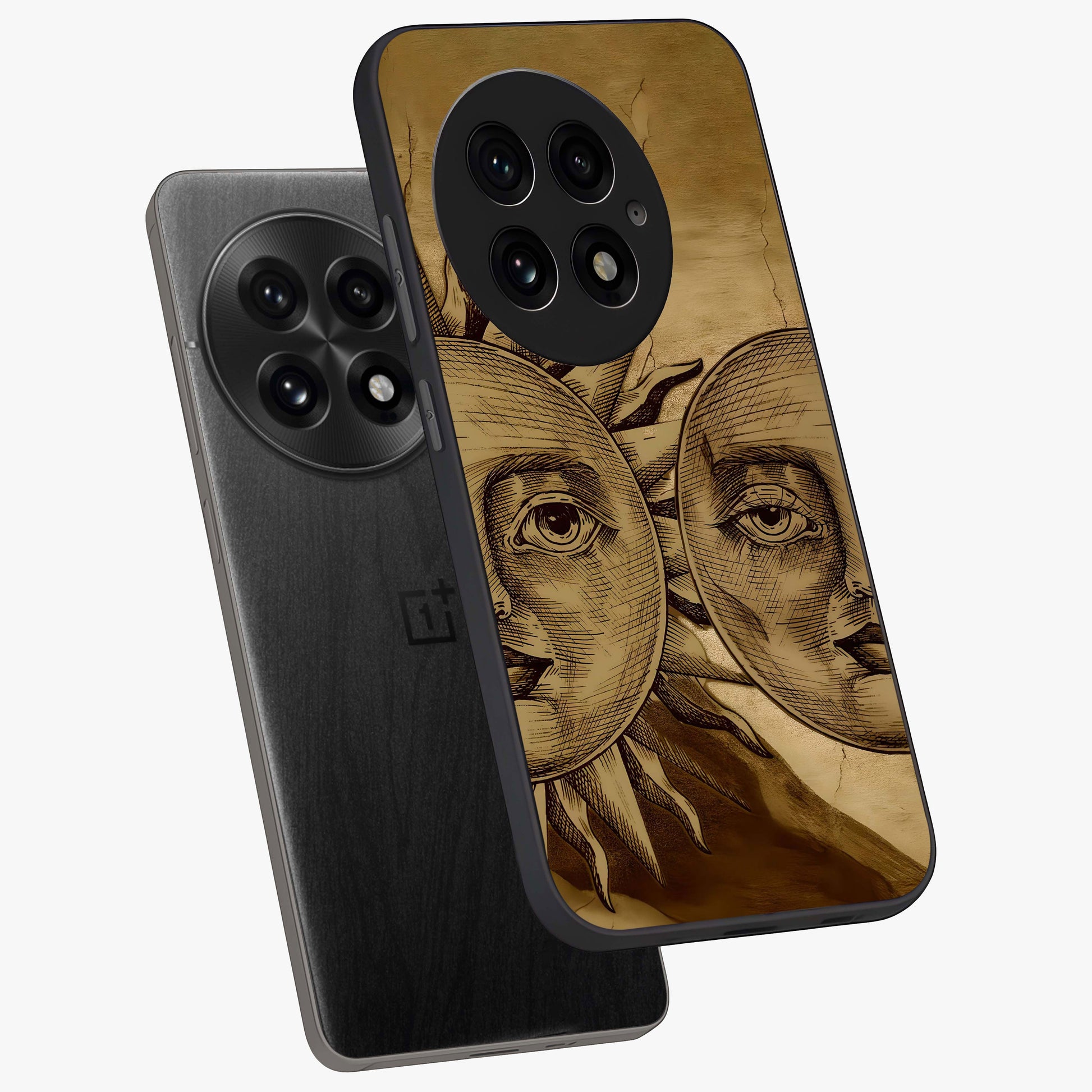 Celestial Relic Glow Glass Case for 1+13 angled mockup showcasing glossy finish and radiant glow detailing