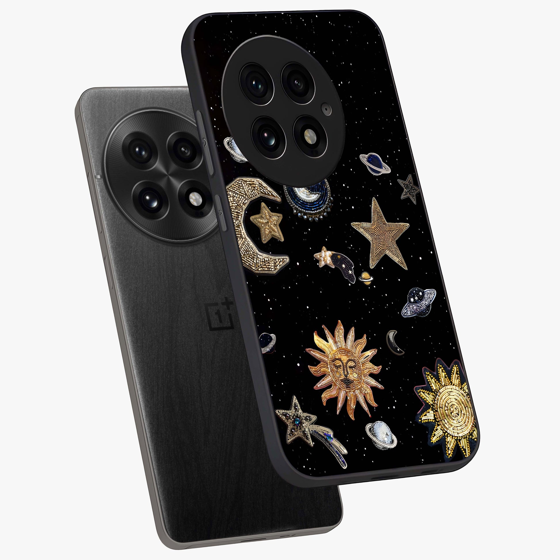 Celestial Star Charm Glass Case for 1+13 angled mockup showcasing glossy finish and shimmering celestial tones
