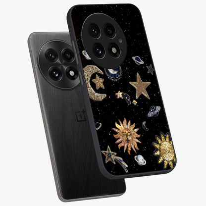 Celestial Star Charm Glass Case for 1+13 angled mockup showcasing glossy finish and shimmering celestial tones