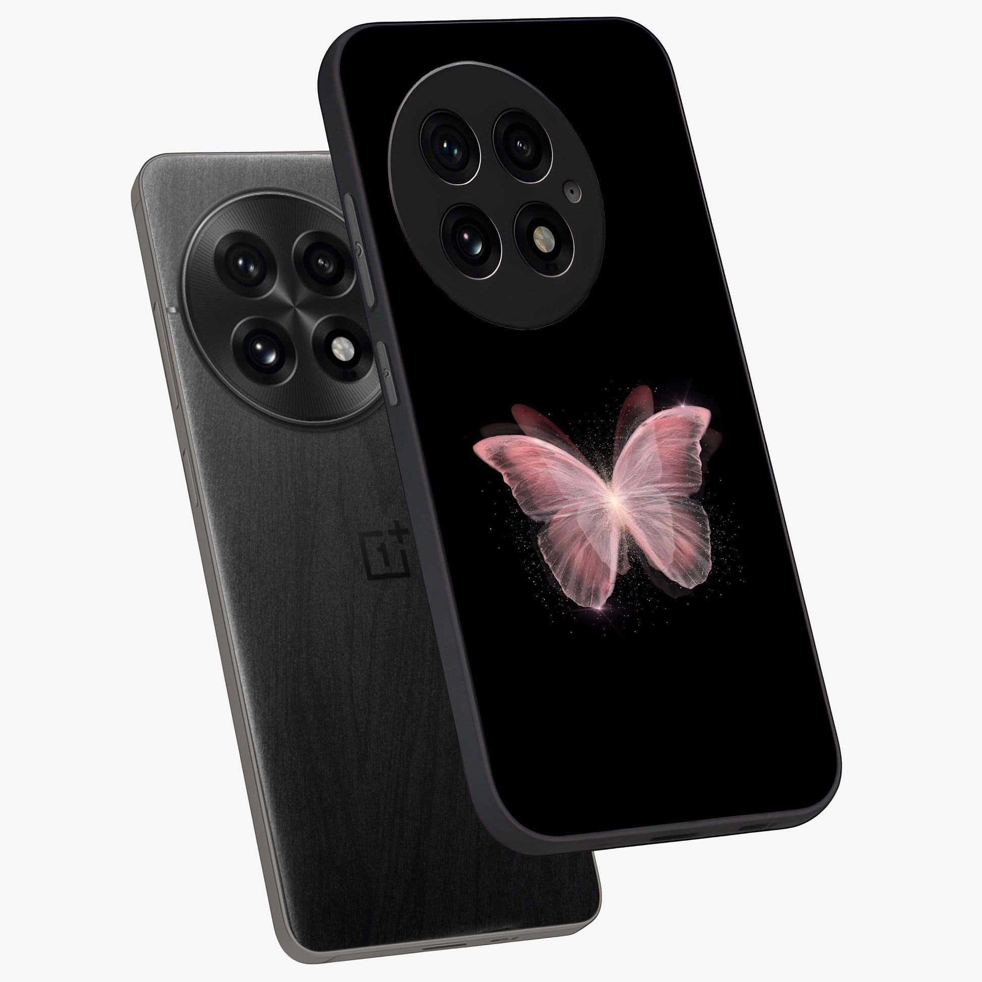 Celestial Wings Butterfly Glass Case for 1+13 angled mockup showcasing glossy finish and luminous wing detailing