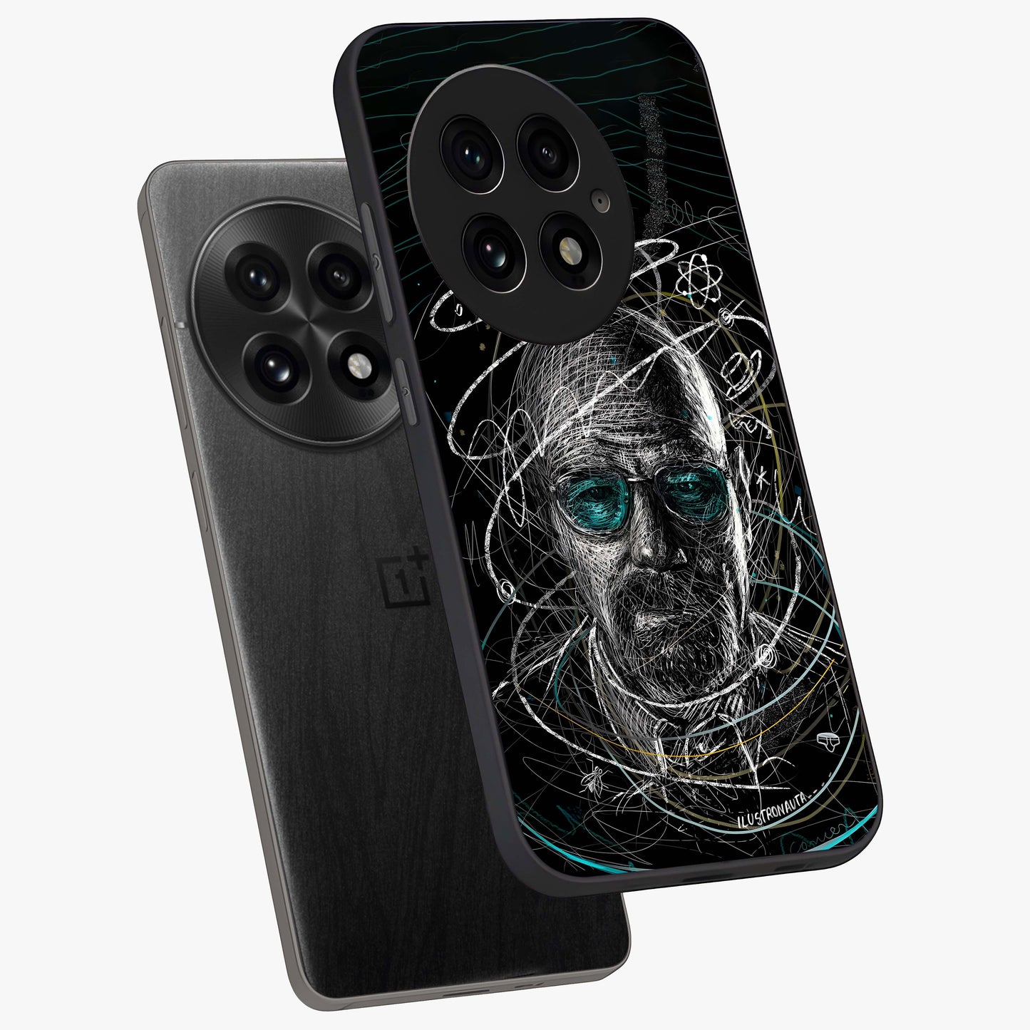 Chaotic Mind Genius Glass Case for 1+13 angled mockup showcasing glossy finish and edgy artistic design