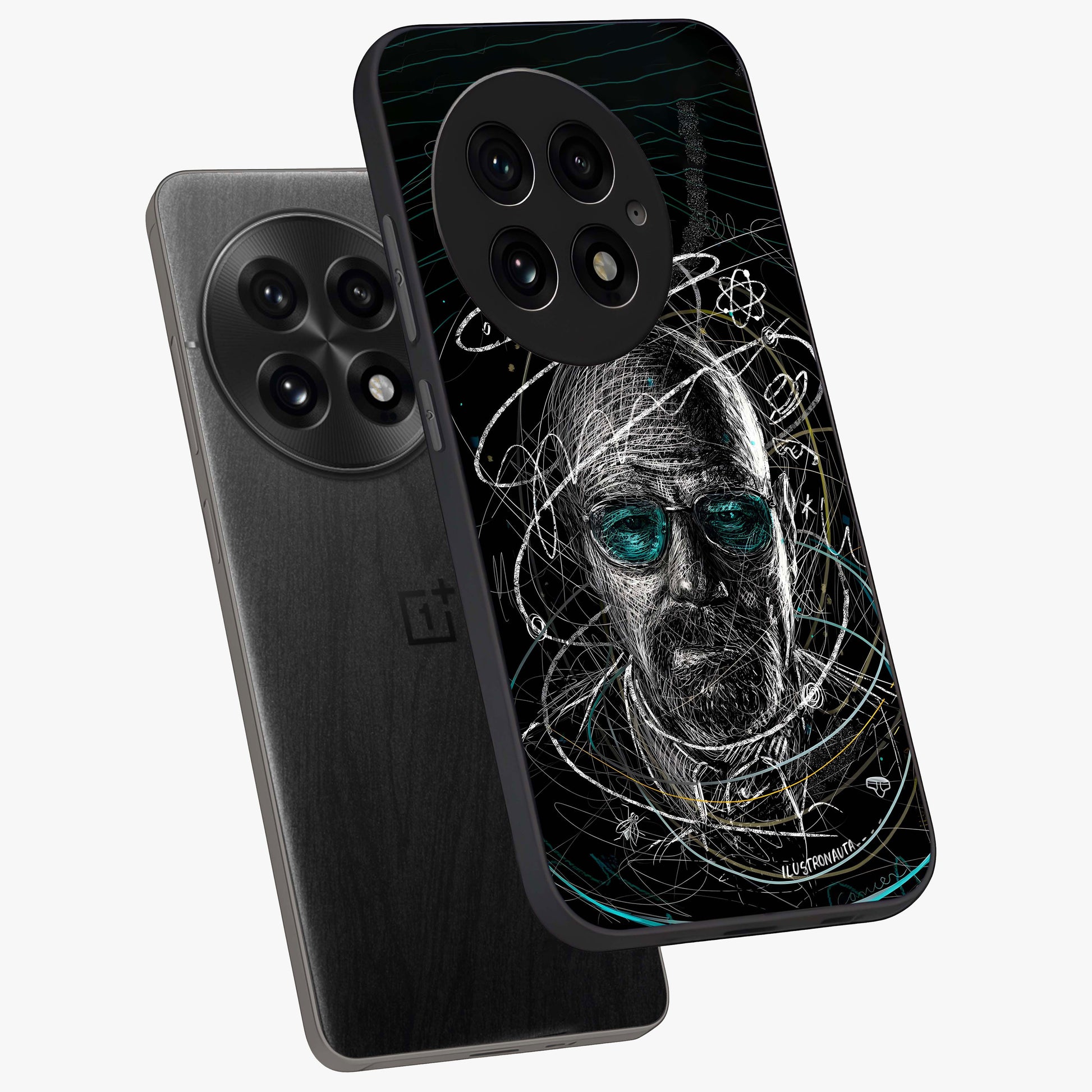 Chaotic Mind Genius Glass Case for 1+13 angled mockup showcasing glossy finish and edgy artistic design