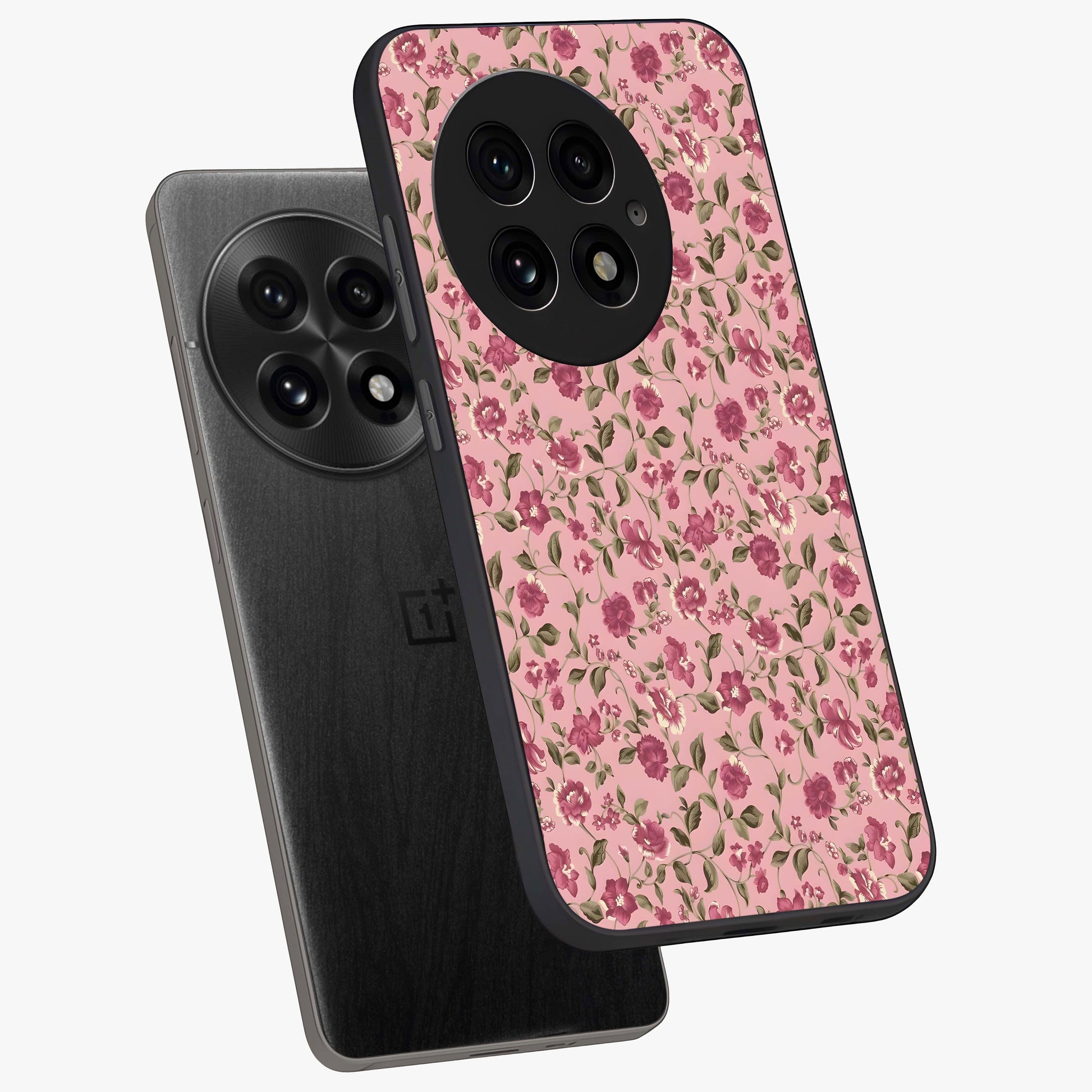 Charming Pink Floral Glass Case for 1+13 angled mockup showcasing glossy finish and elegant bloom detailing