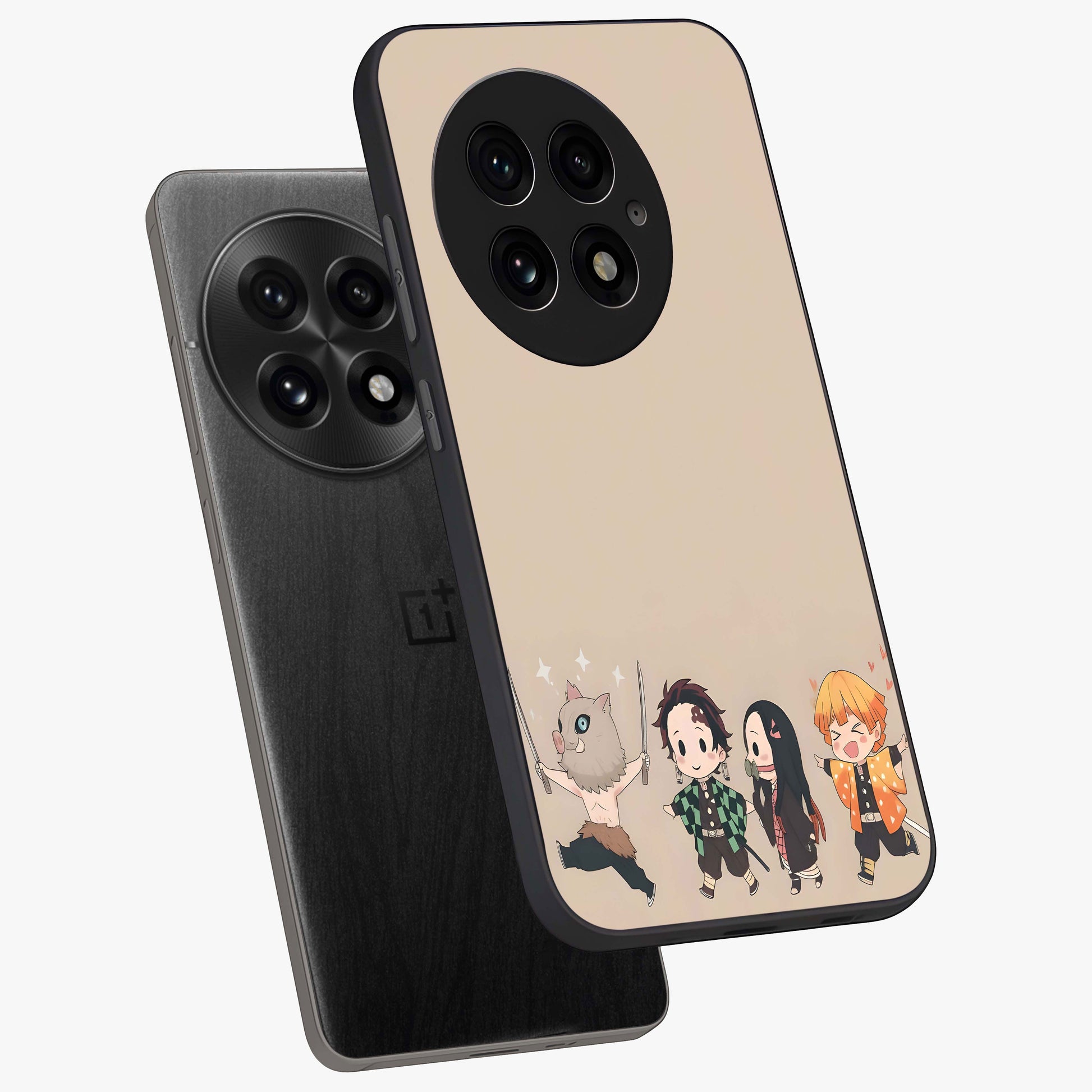 Chibi Demon Squad Glass Case for 1+13 angled mockup showcasing glossy finish and vibrant anime inspired design