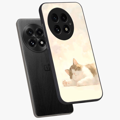 Cloud Nap Cat Glass Case for 1+13 angled mockup showcasing glossy finish and cozy pastel tones