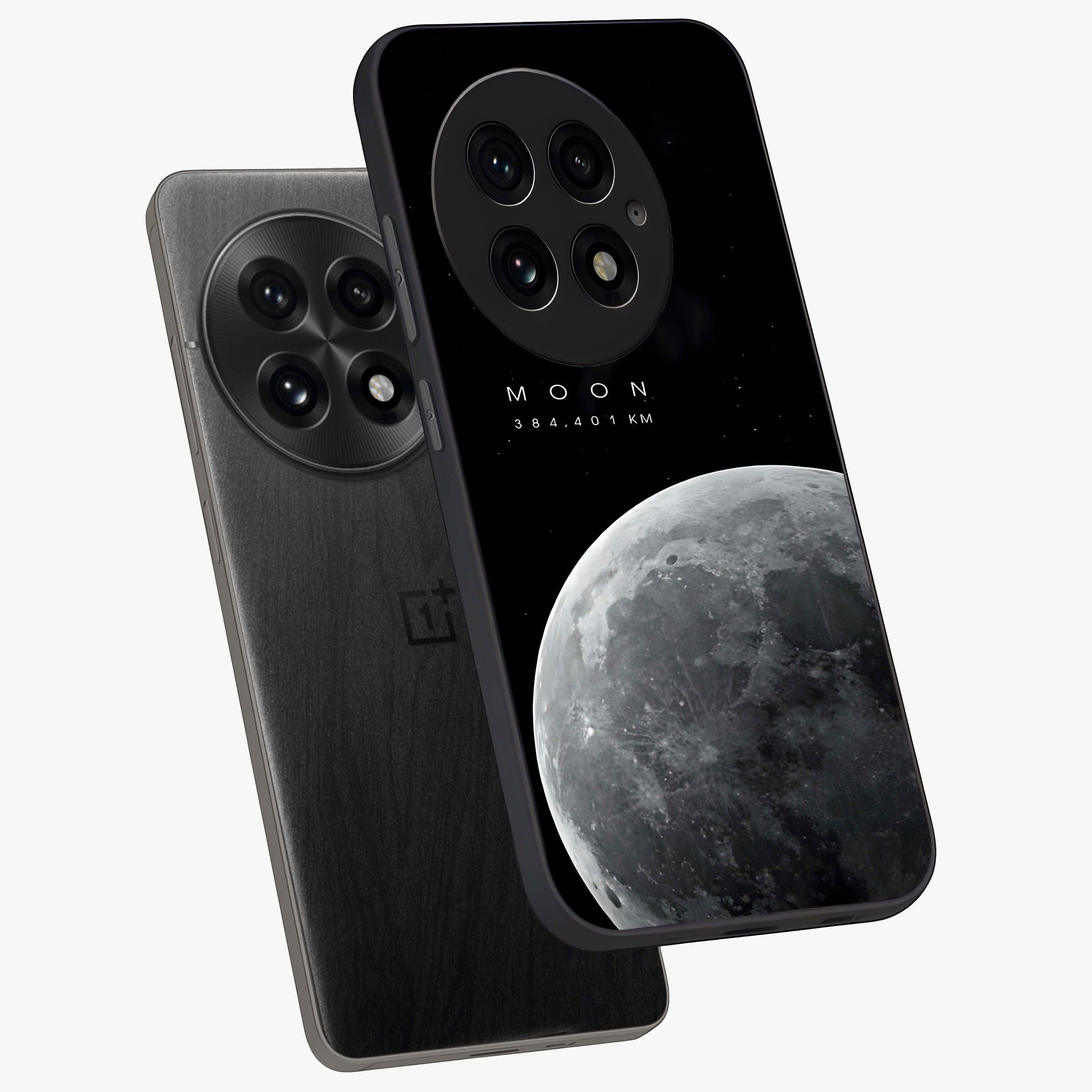 Cosmic Moon Glow Glass Case for 1+13 angled mockup showcasing glossy finish and luminous night design