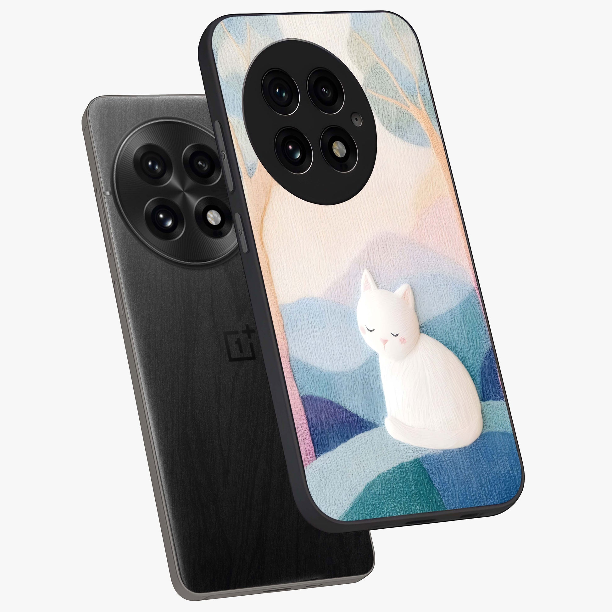 Cotton Dream Cat Glass Case for 1+13 angled mockup showcasing glossy glass finish and cozy aesthetic design