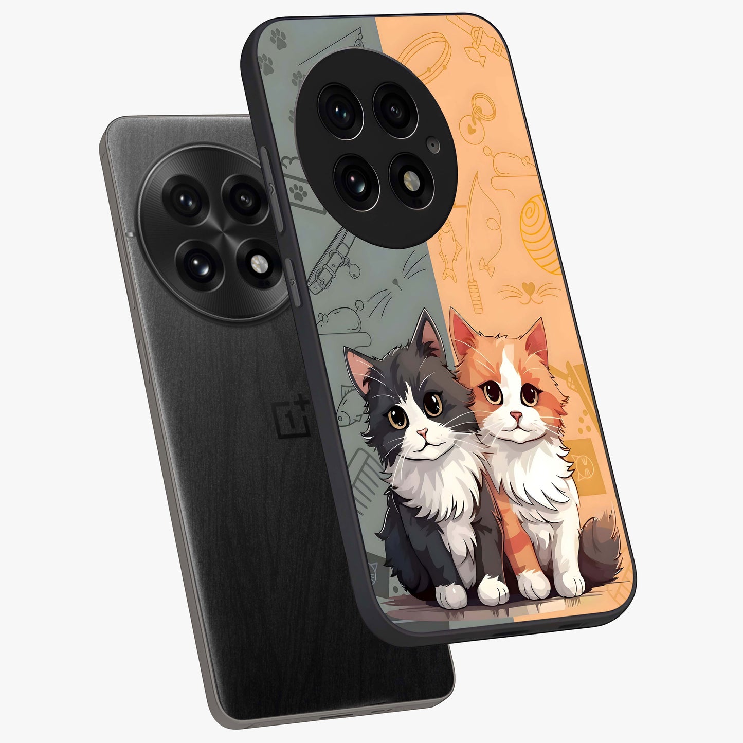 Cozy Cat Duo Glass Case for 1+13 angled mockup showcasing glossy finish and charming pastel tones