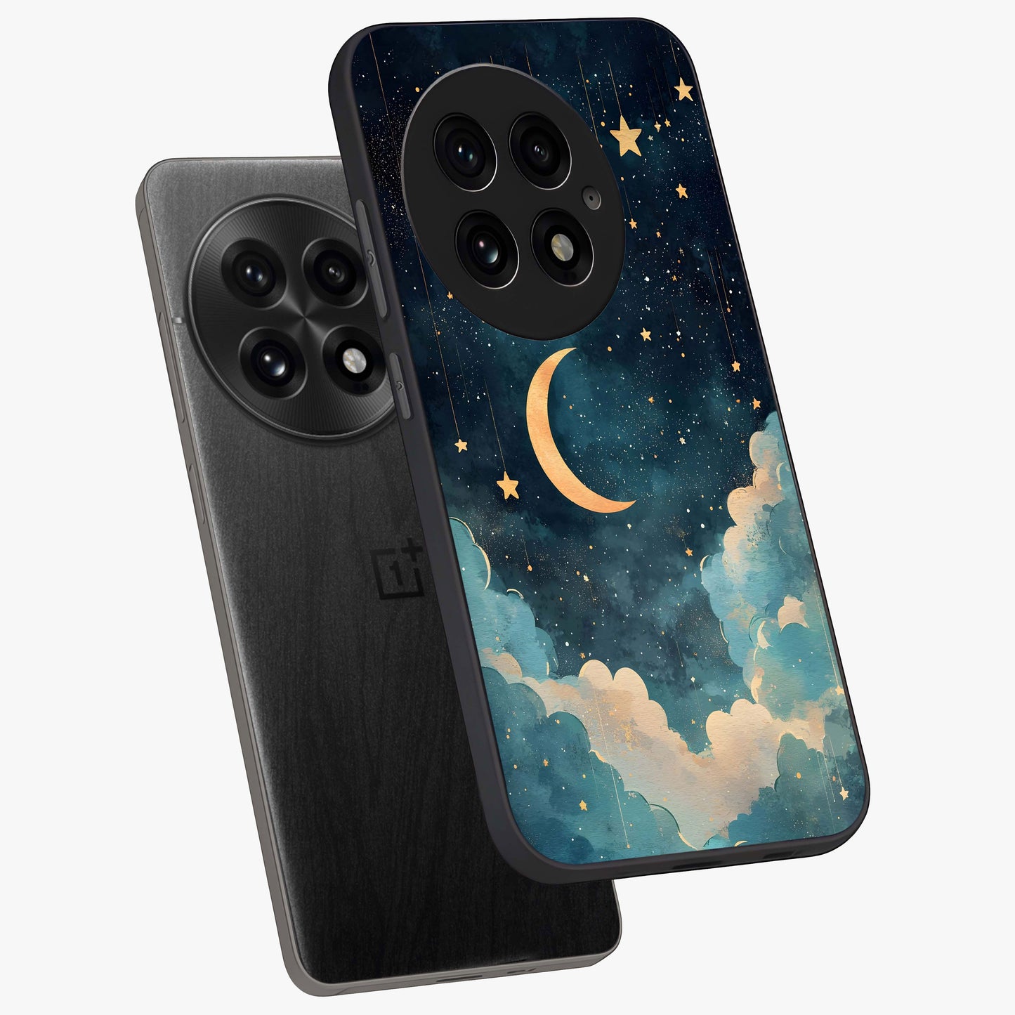 Crescent Galaxy Moon Glass Case for 1+13 angled mockup showcasing glossy finish and glowing galaxy tones