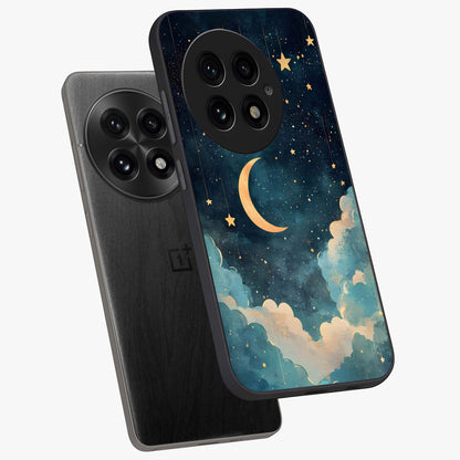 Crescent Galaxy Moon Glass Case for 1+13 angled mockup showcasing glossy finish and glowing galaxy tones