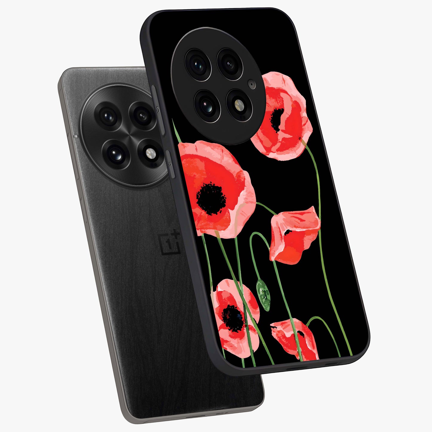 Crimson Garden Dream Glass Case for 1+13 angled mockup showcasing glossy finish and vibrant bloom detailing