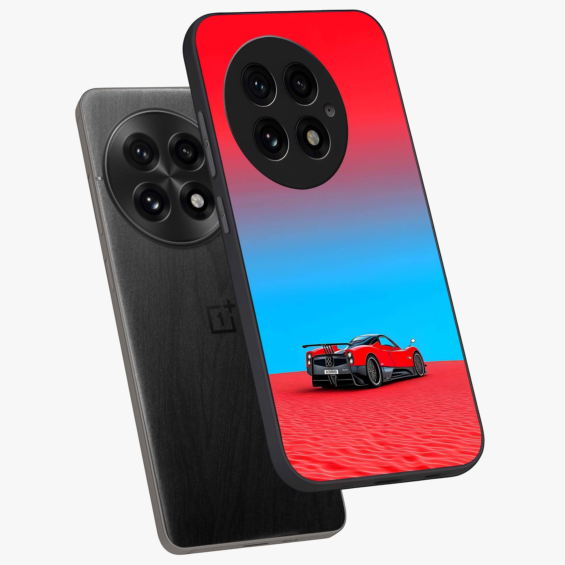 Crimson Speed Mirage Glass Case for 1+13 angled mockup showcasing glossy finish and dynamic speed detailing