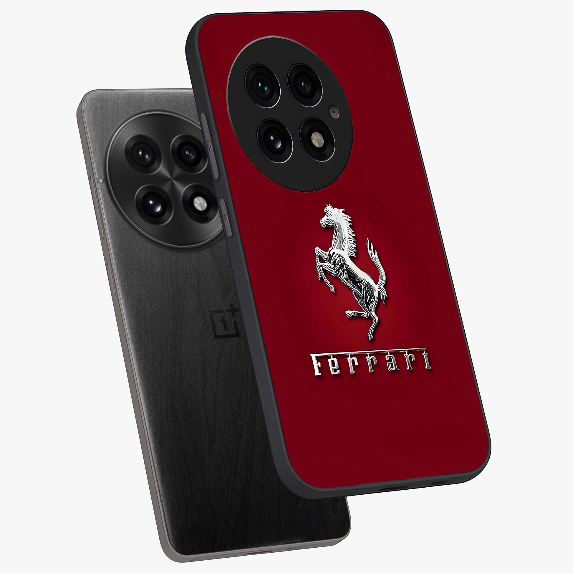 Crimson Stallion Prestige Glass Case for 1+13 angled mockup showcasing glossy finish and bold equestrian detailing