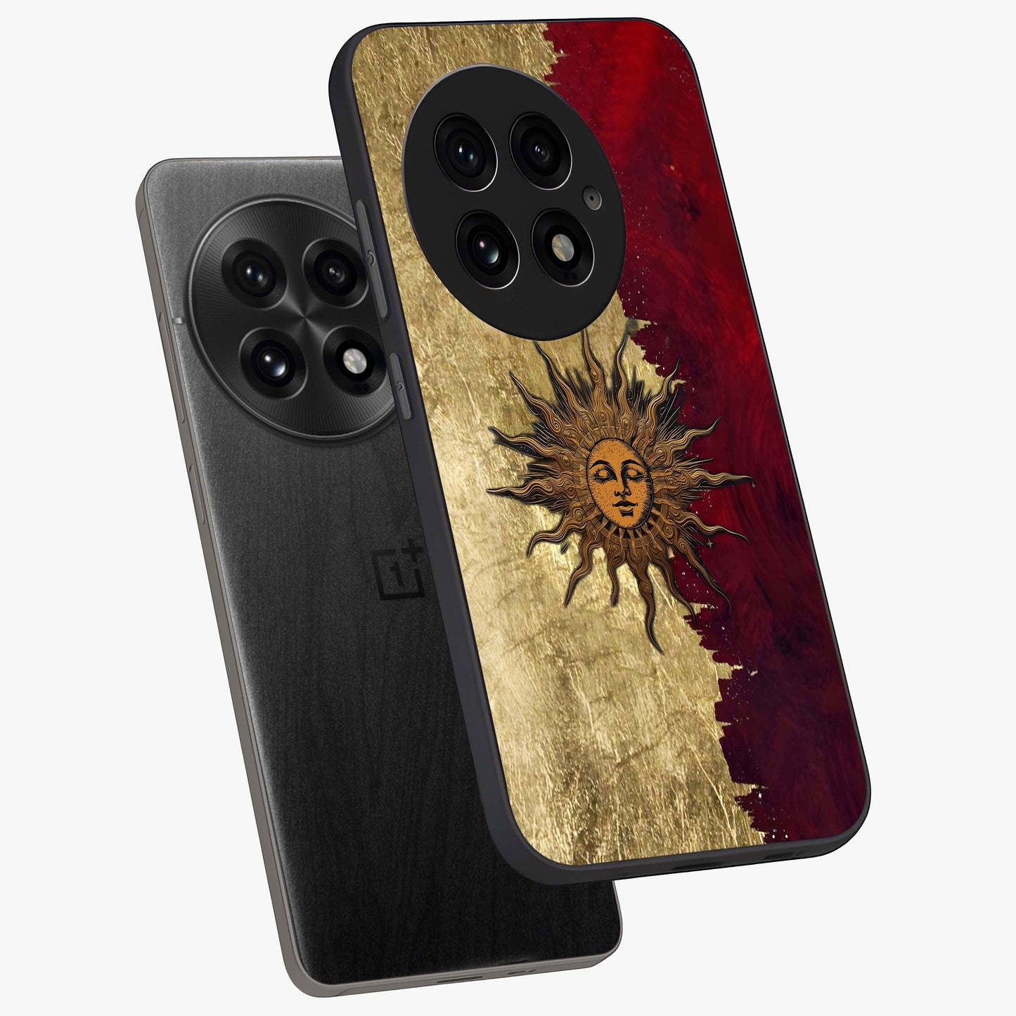 Crimson Sun Majesty Glass Case for 1+13 angled mockup showcasing glossy finish and majestic celestial tones