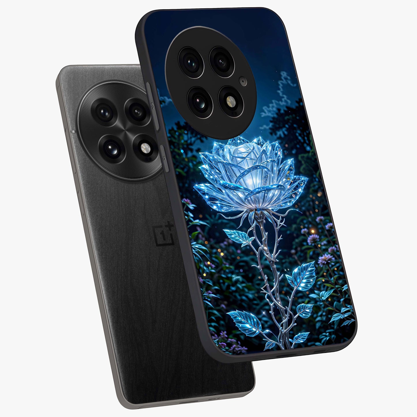 Crystal Moon Lotus Glass Case for 1+13 angled mockup showcasing glossy glass finish and luminous floral detailing