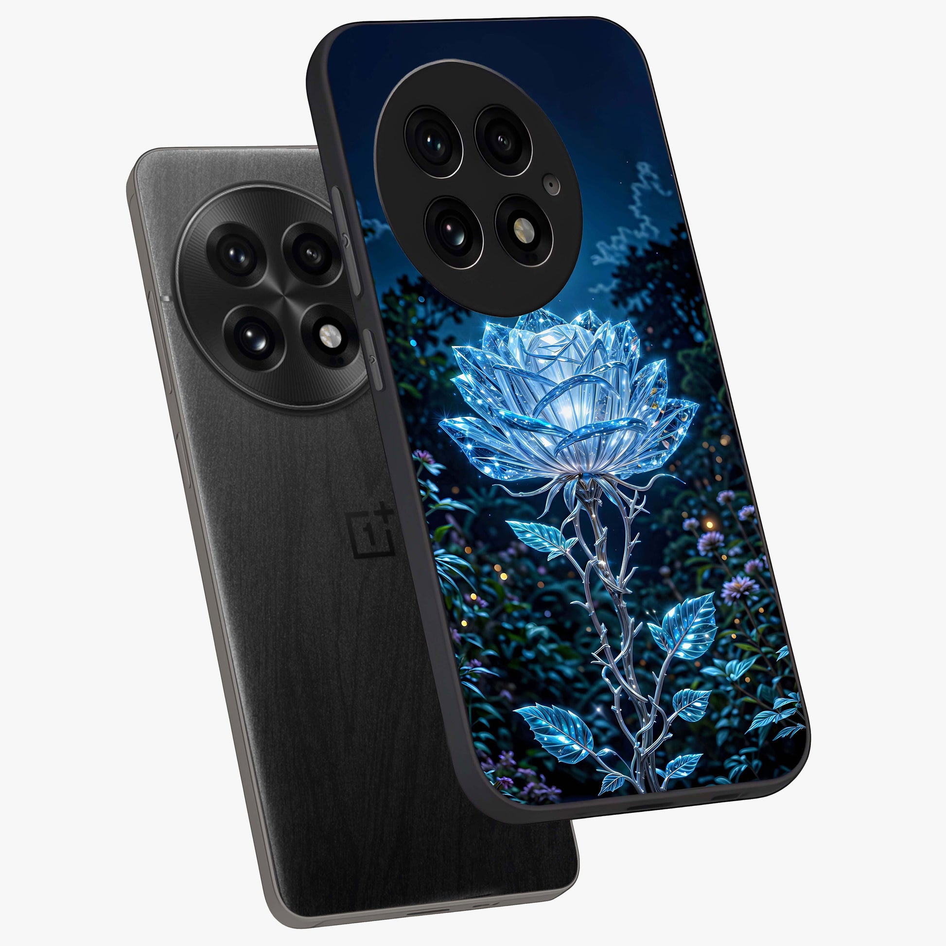 Crystal Moon Lotus Glass Case for 1+13 angled mockup showcasing glossy glass finish and luminous floral detailing