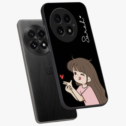 Cute Girl Firing Heart Glass Case for 1+13 angled mockup showcasing glossy finish and lively character detailing
