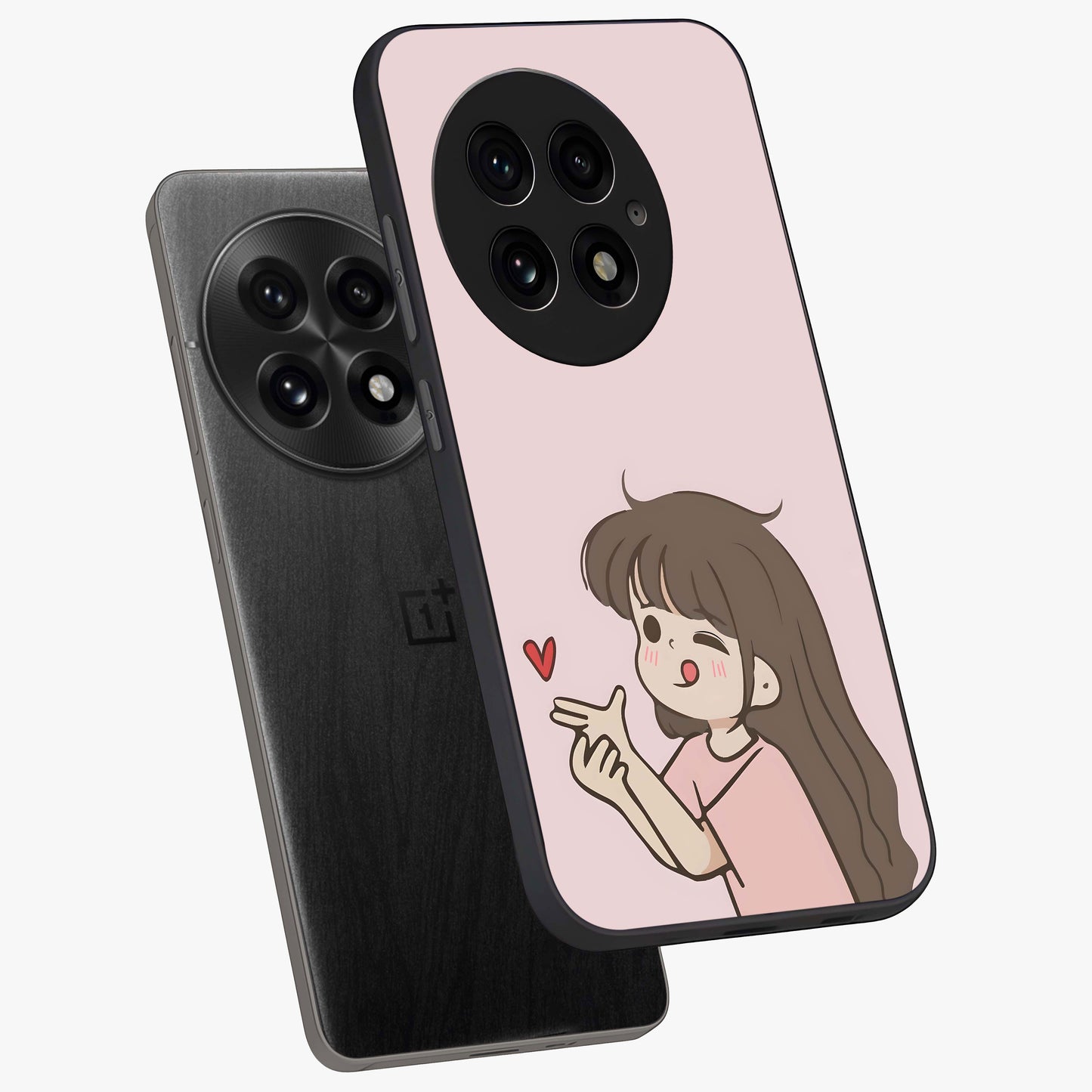 Cute Kiss Heart Glass Case for 1+13 angled mockup showcasing glossy finish and soft pastel tones