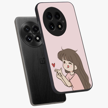 Cute Kiss Heart Glass Case for 1+13 angled mockup showcasing glossy finish and soft pastel tones