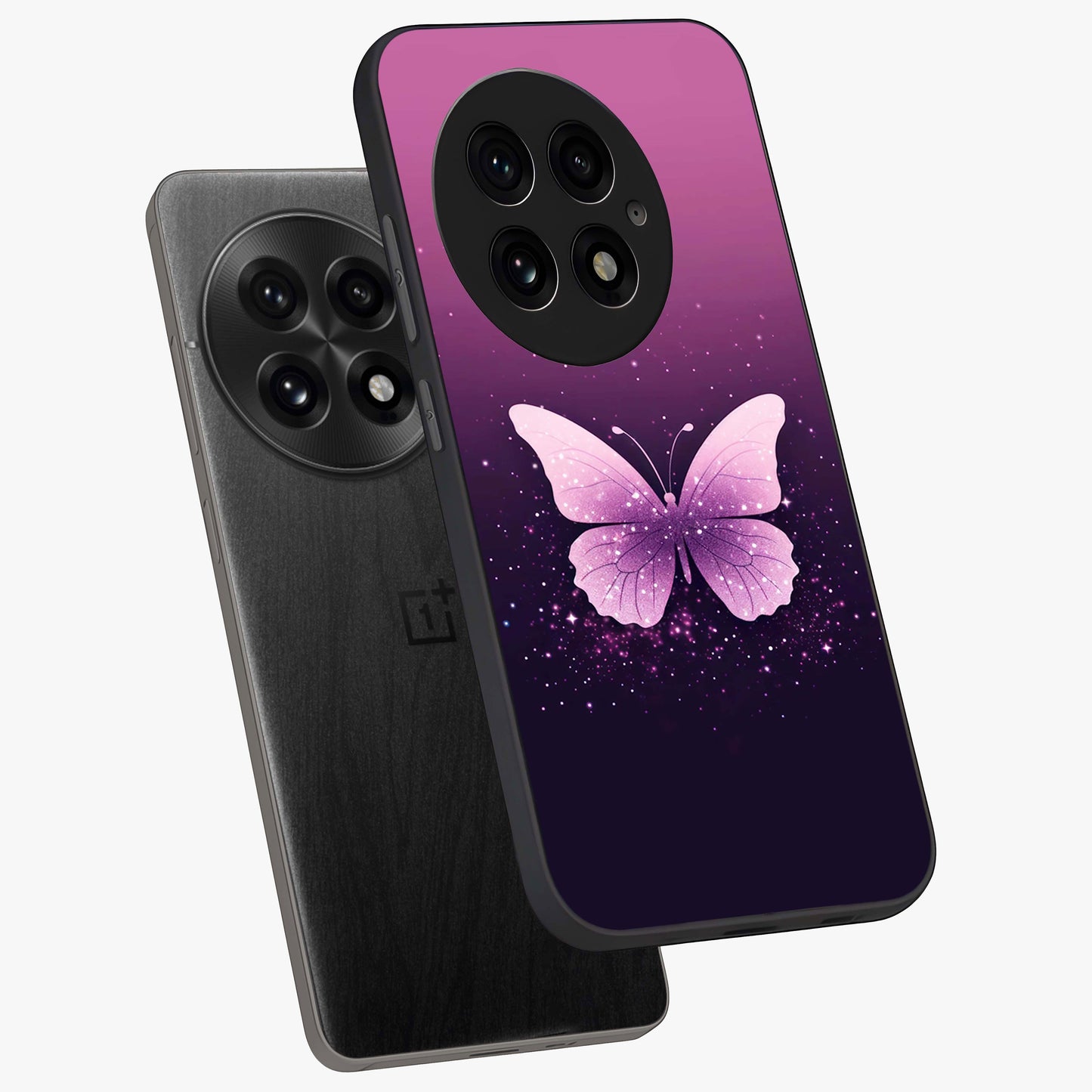 Cute Starry Butterfly Glass Case for 1+13 angled mockup showcasing glossy finish and celestial pastel tones