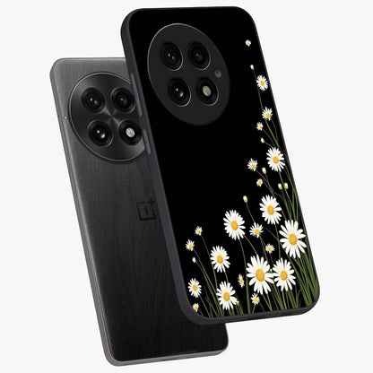 Daisy Cascade on Black Glass Case for 1+13 angled mockup showcasing glossy finish and bold floral contrast
