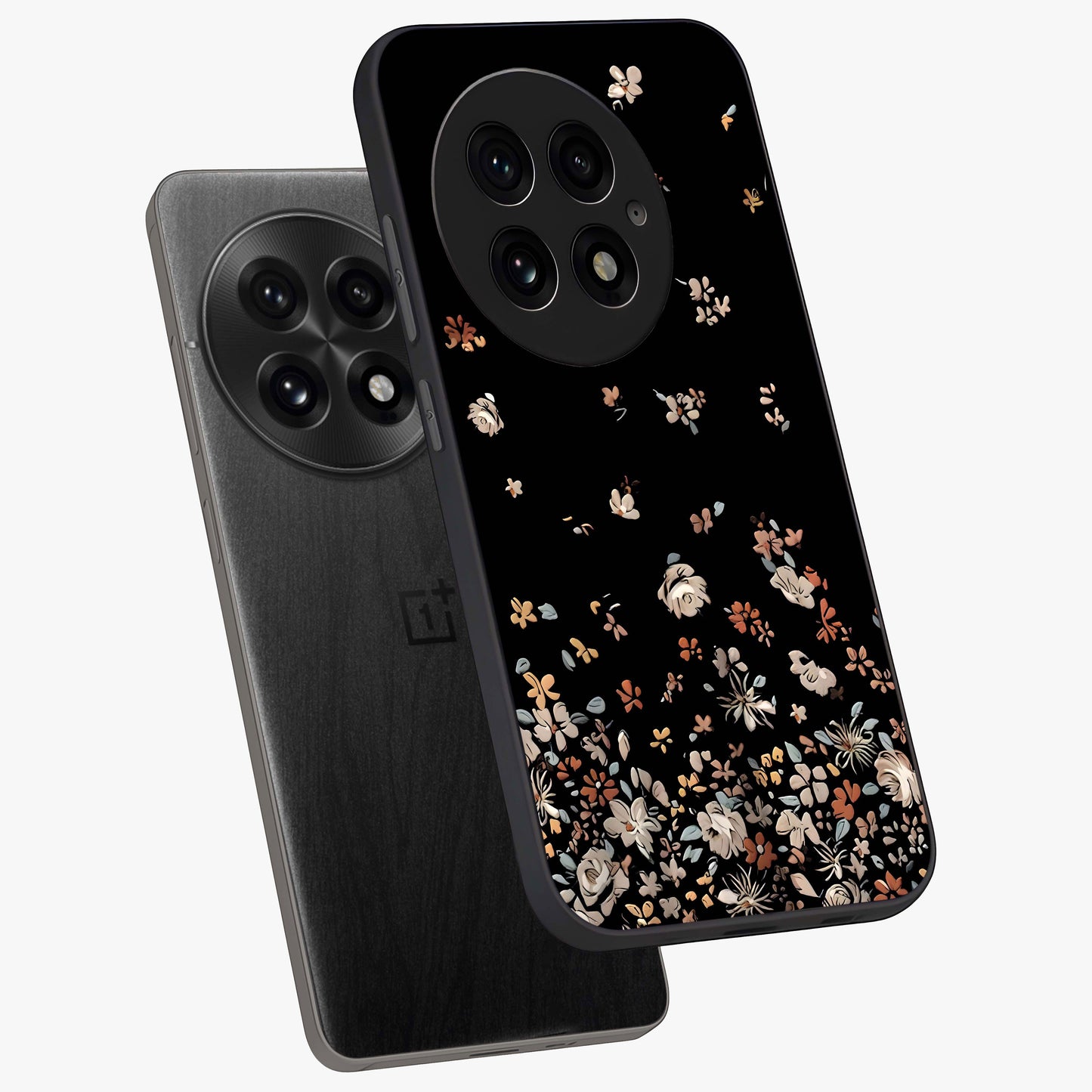 Dark Petal Aesthetic Glass Case for 1+13 angled mockup showcasing glossy finish and dramatic petal detailing