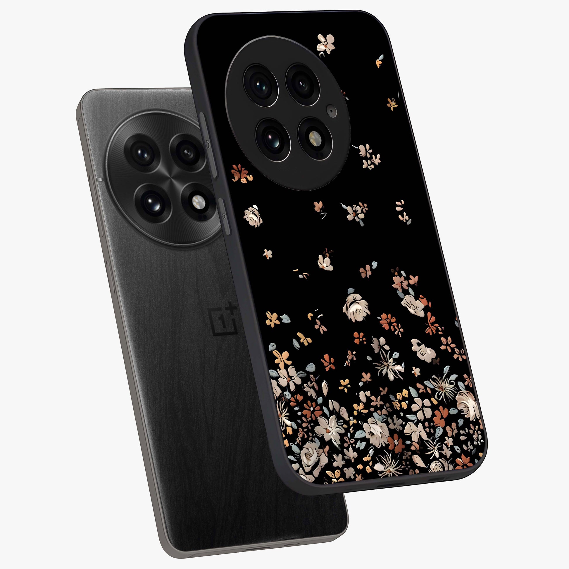 Dark Petal Aesthetic Glass Case for 1+13 angled mockup showcasing glossy finish and dramatic petal detailing