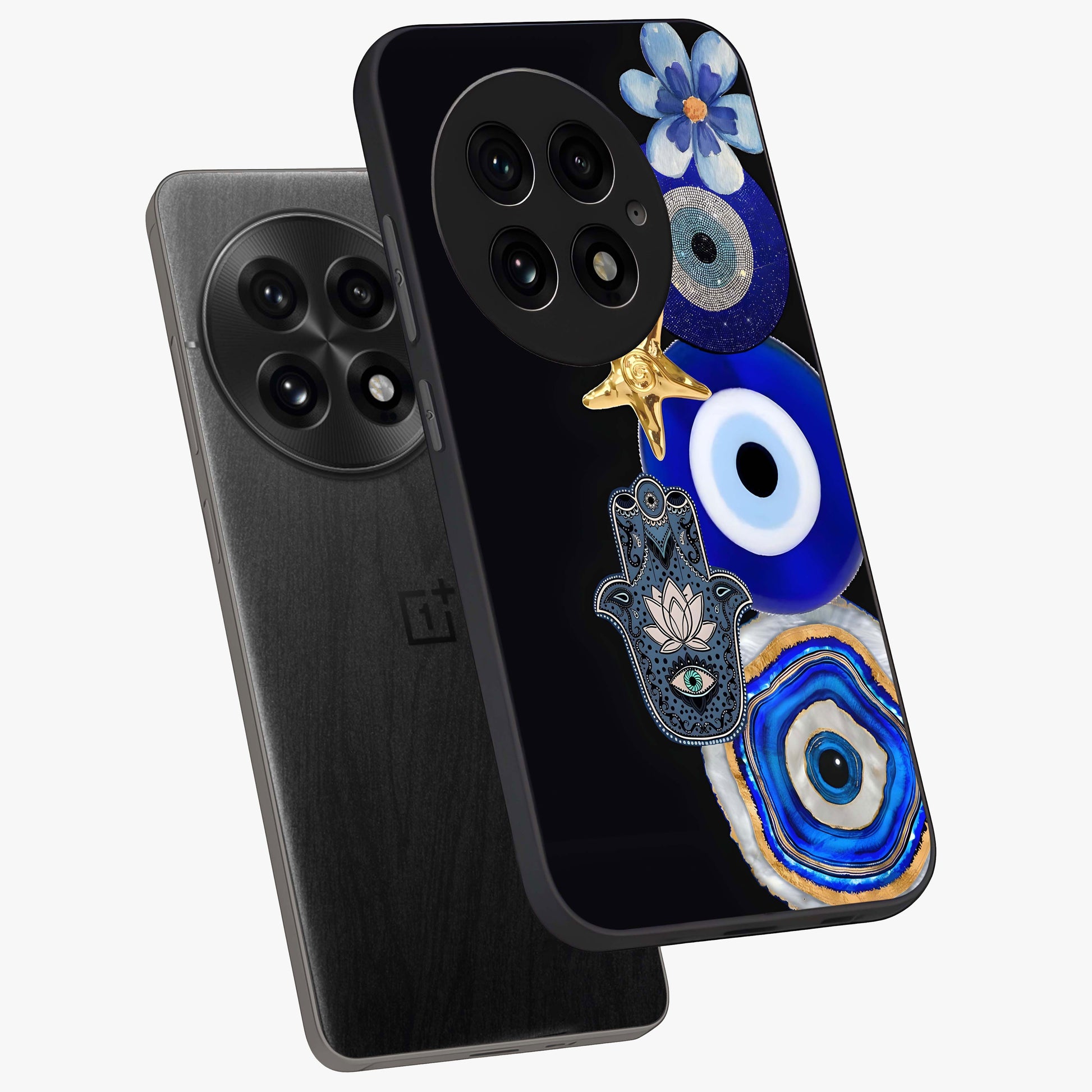 Divine Eye Bloom Glass Case for 1+13 angled mockup showcasing glossy finish and vibrant protective detailing