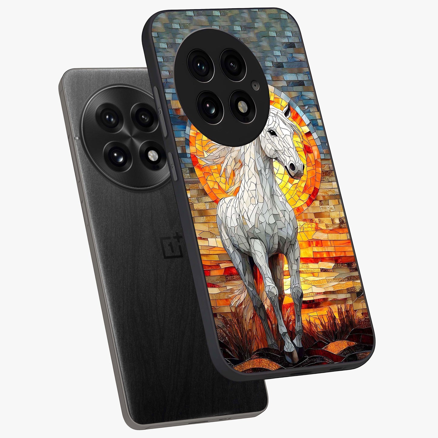 Elected Horse Glass Case for 1+13 angled mockup showcasing glossy finish and dynamic equestrian detailing