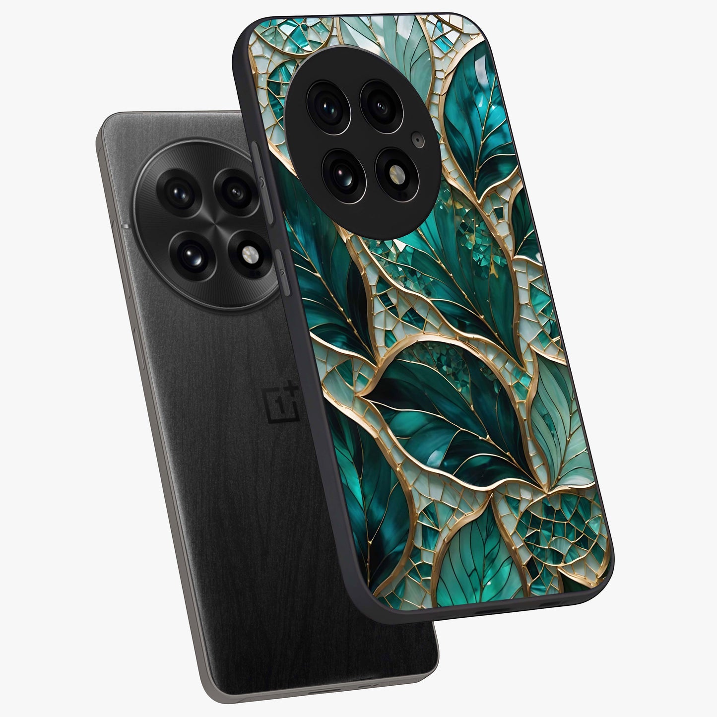 Emerald Leaf Glass Case for 1+13 angled mockup showcasing glossy finish and natural botanical tones