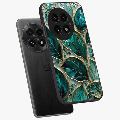 Emerald Leaf Glass Case for 1+13 angled mockup showcasing glossy finish and natural botanical tones