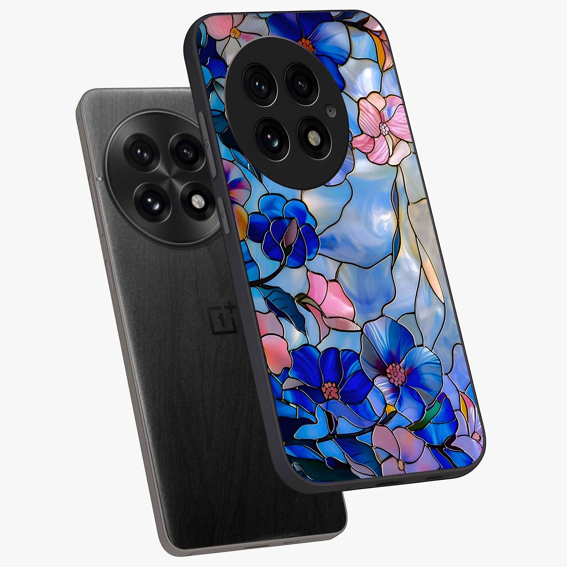 Eternal Floral Stained Glass Case for 1+13 angled mockup showcasing glossy finish and vibrant mosaic textures