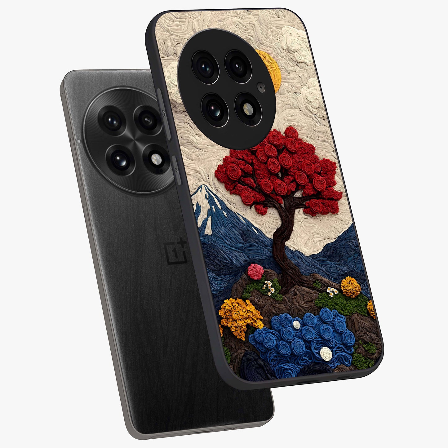 Eternal Nature Tapestry Glass Case for 1+13 angled mockup showcasing glossy finish and detailed botanical patterns