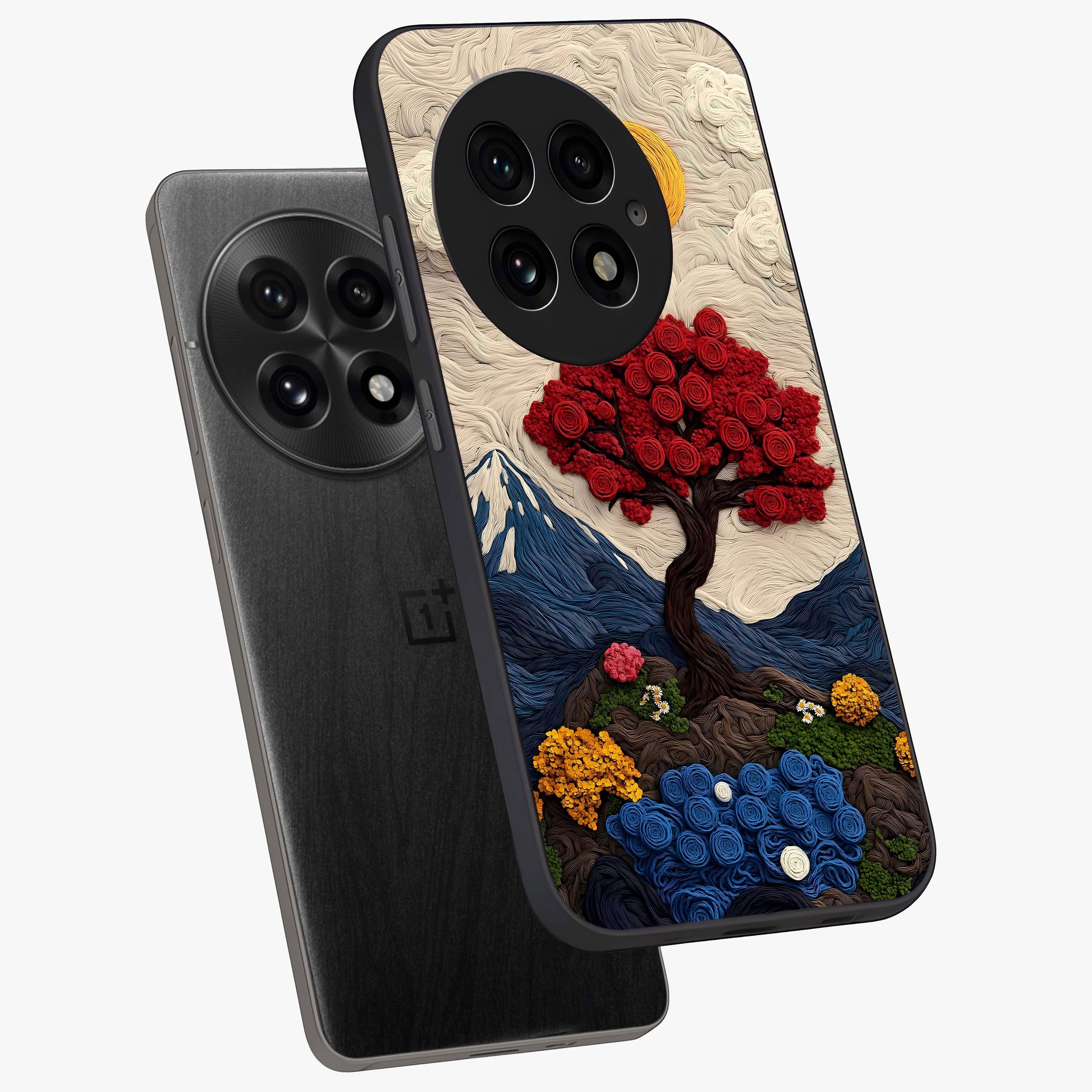 Eternal Nature Tapestry Glass Case for 1+13 angled mockup showcasing glossy finish and detailed botanical patterns