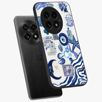 Evil Eyes Dark Blue Glass Case for 1+13 angled mockup showcasing glossy finish and rich navy tones