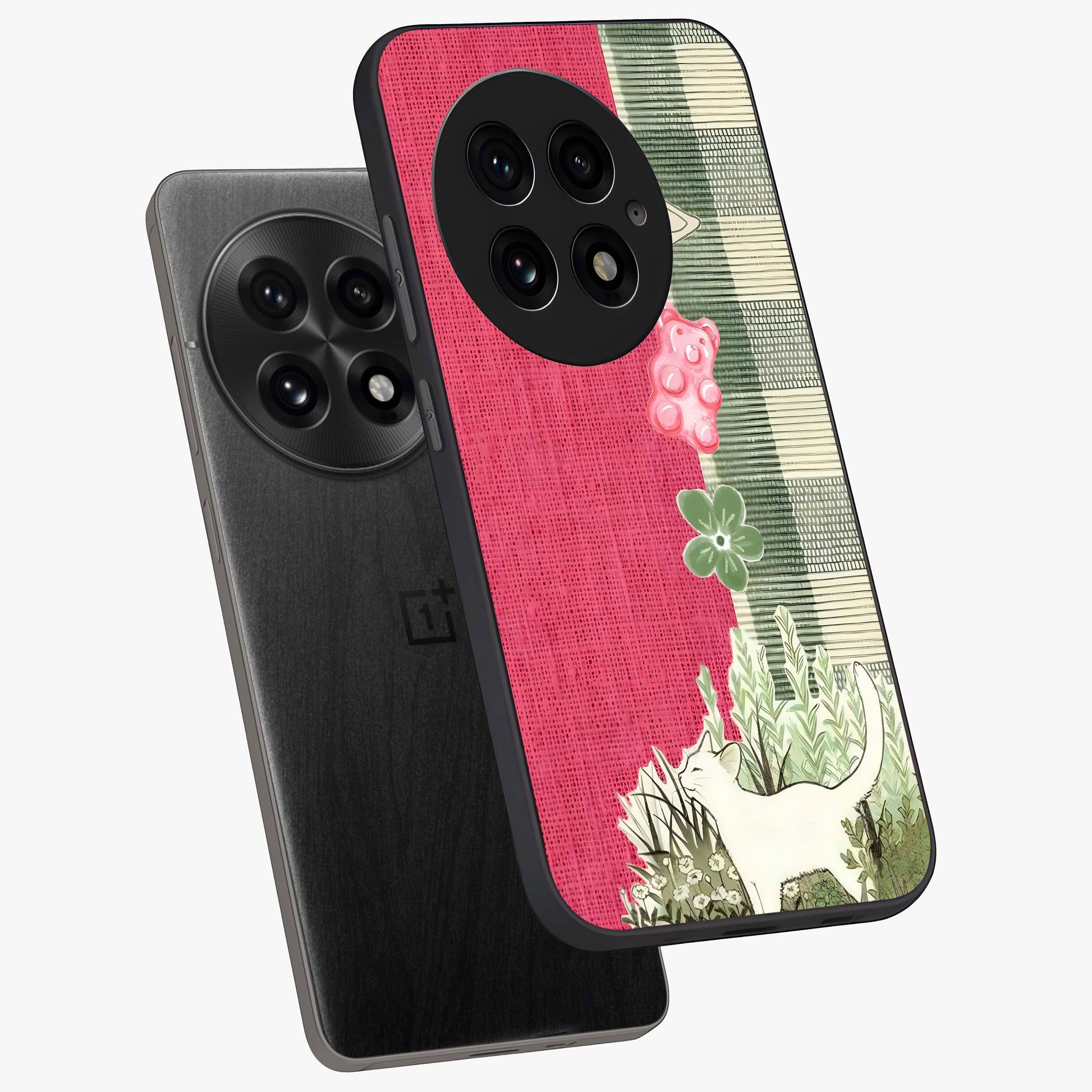 Fabric Patterns Glass Case for 1+13 angled mockup showcasing glossy finish and intricate fabric detailing