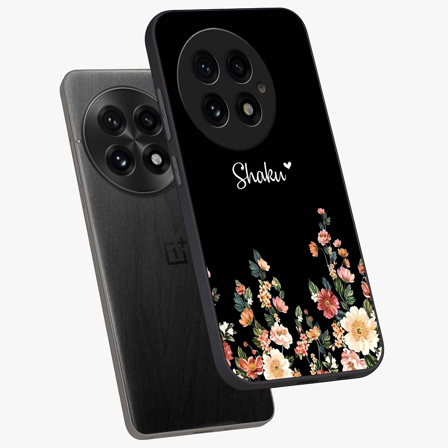 Floral Design With a Custom Personalized Name Glass Case for 1+13 angled mockup showcasing glossy finish and elegant bloom detailing
