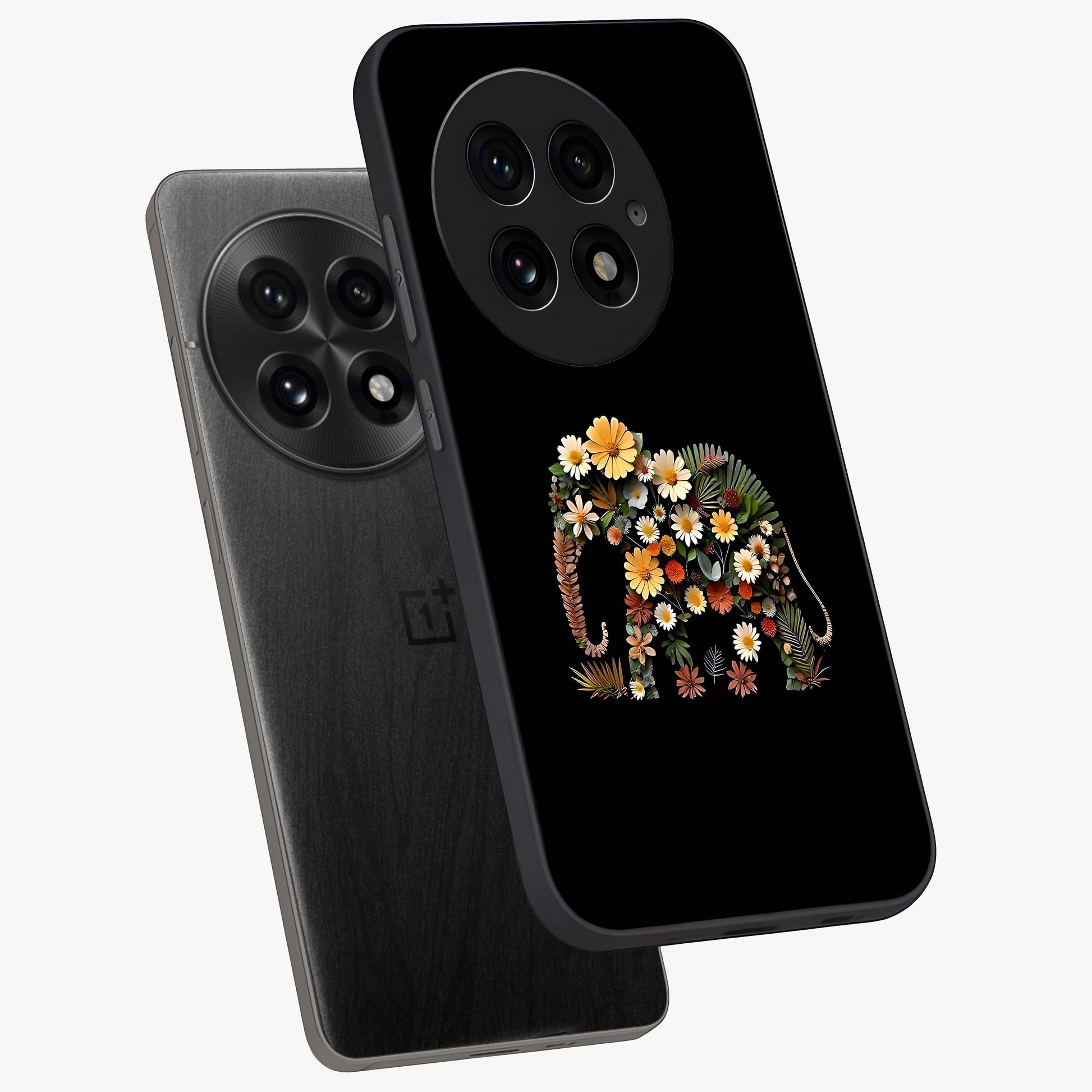 Floral Elephant Glass Case for 1+13 angled mockup showcasing glossy finish and vibrant cultural tones