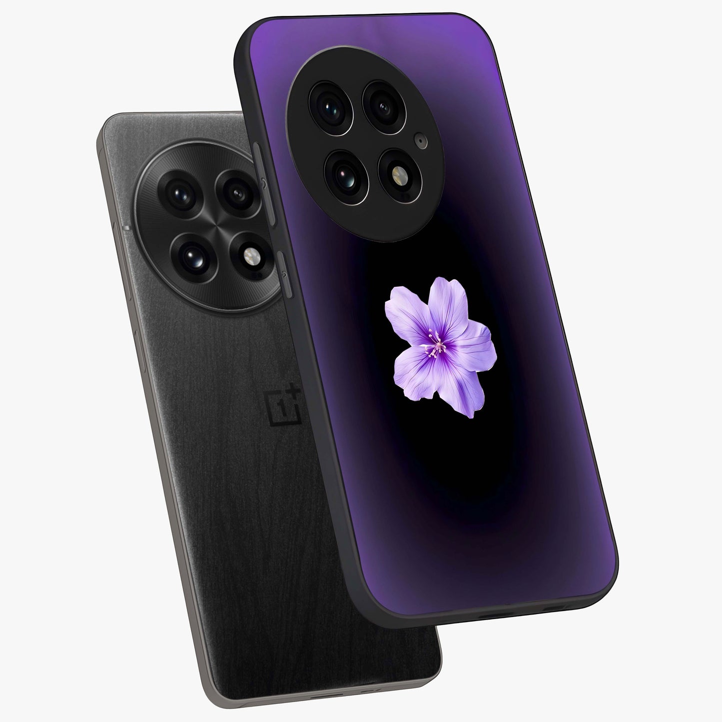 Flower on Soft Violet Gradient Glass Case for 1+13 angled mockup showcasing glossy finish and pastel purple tones