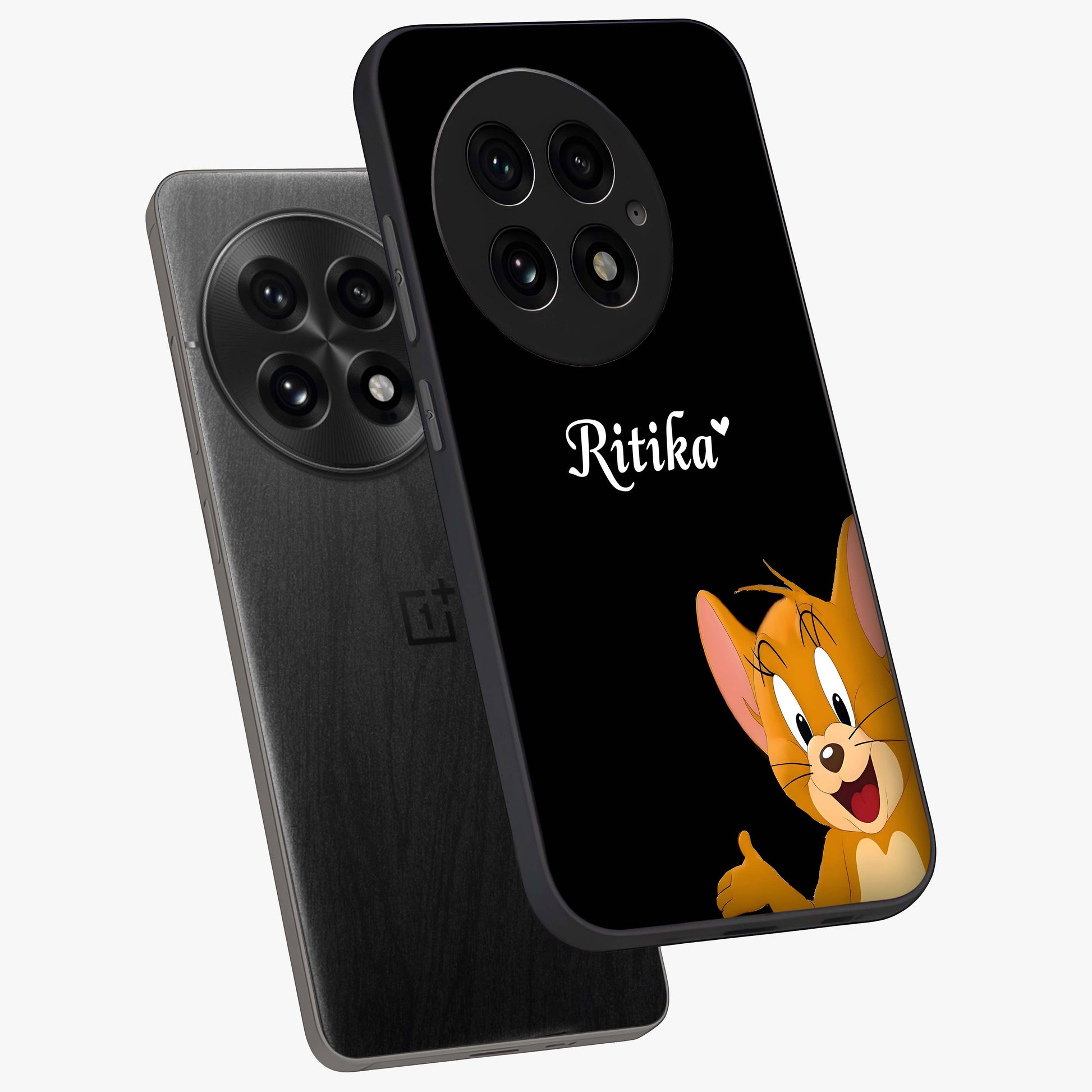 Forever Chasing Love Jerry Glass Case for 1+13 angled mockup showcasing glossy finish and vibrant character detailing