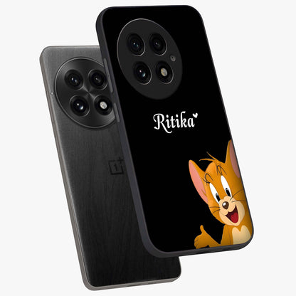 Forever Chasing Love Jerry Glass Case for 1+13 angled mockup showcasing glossy finish and vibrant character detailing