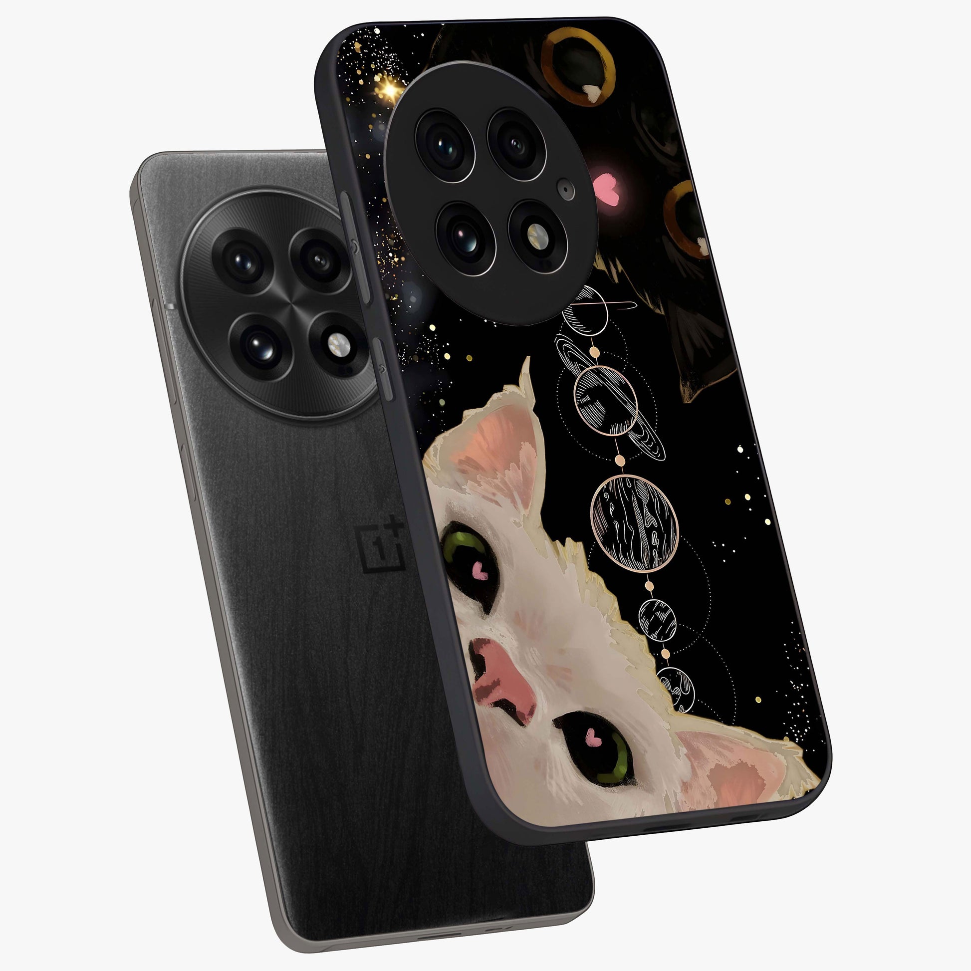 Galactic Cat Glass Case for 1+13 angled mockup showcasing glossy finish and luminous space detailing