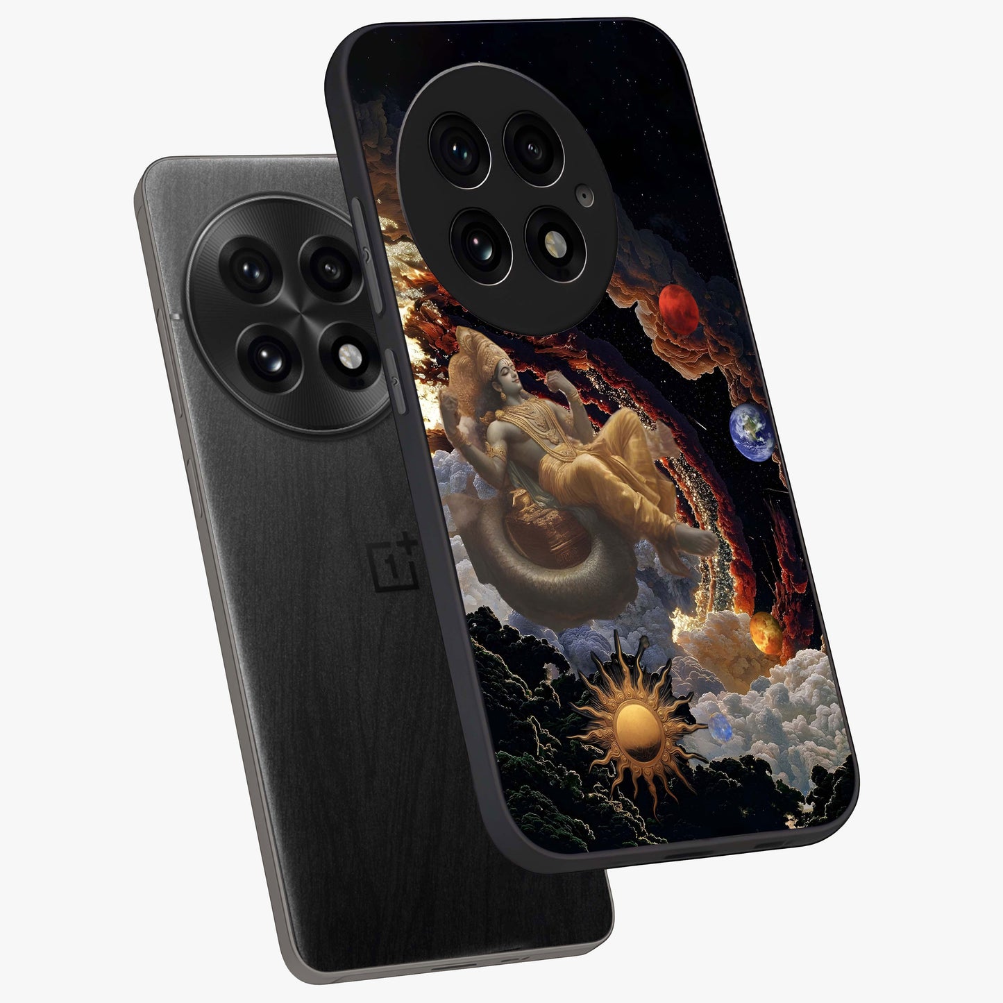 Galactic Divine God Glass Case for 1+13 angled mockup showcasing glossy finish and celestial spiritual tones