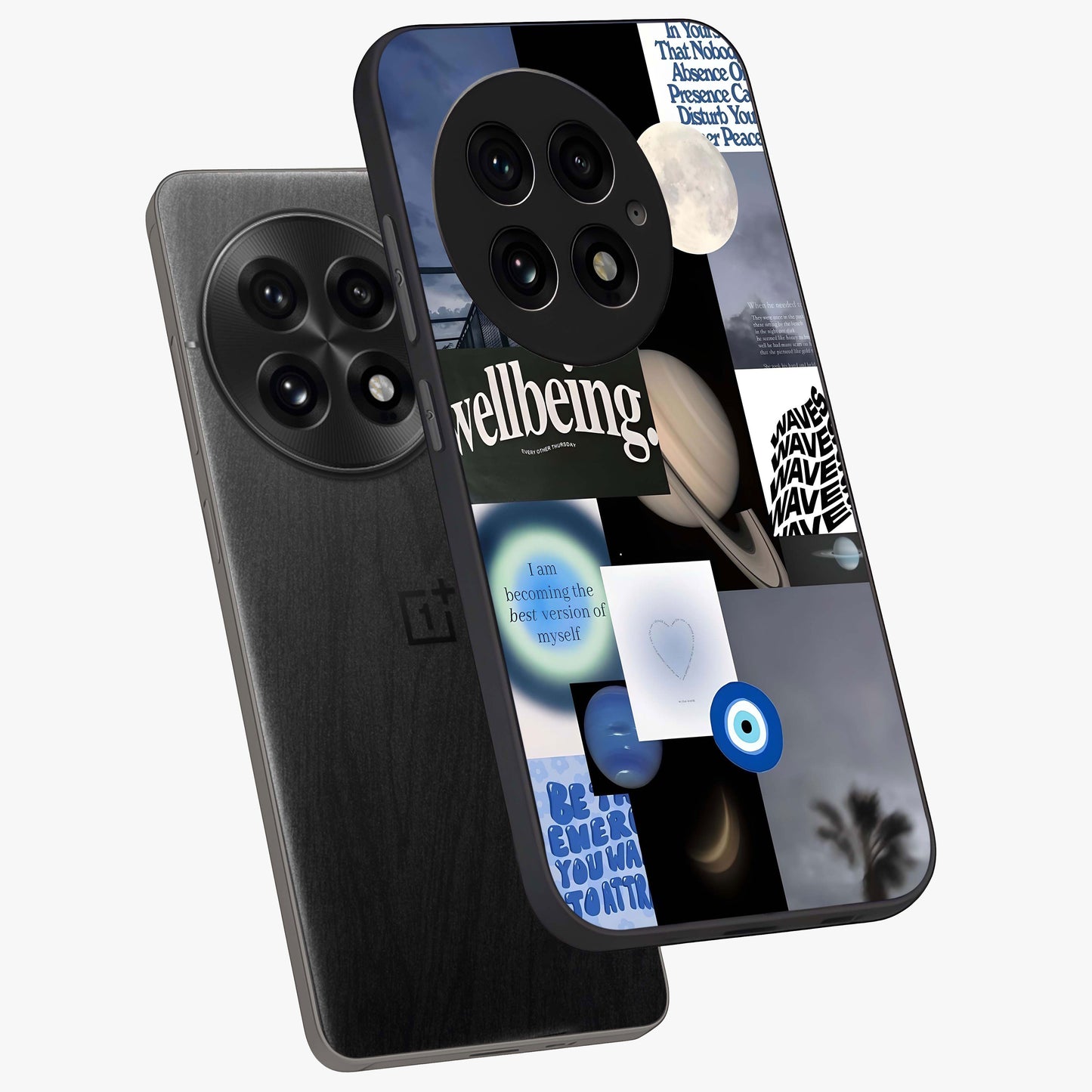 Galactic Energy Collage Glass Case for 1+13 angled mockup showcasing glossy finish and vibrant space textures
